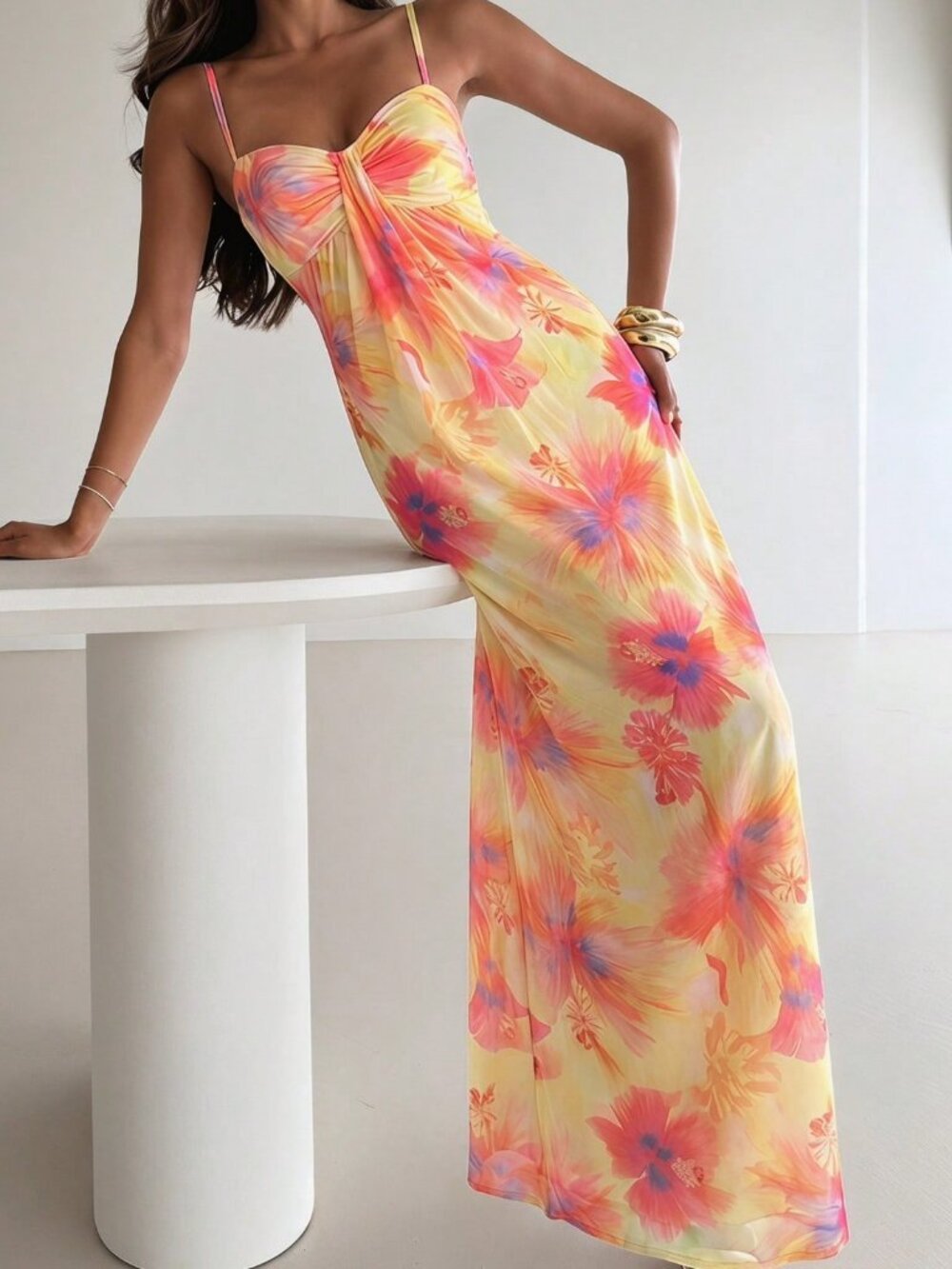 Yellow Boho Women's Slip Dress with Floral Print
